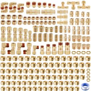 220Pcs Brass DOT Air Line Fittings Push Lock Air Fittings & Air Nylon Tube Compression Fittings Kits,1/4" 1/8" 3/8" 1/2" NPT Push To Connect Fittings Quick Connect Air Hose Fittings Assortment