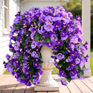 Sggvecsy Artificial Fake Hanging Flowers Plants Outdoor Outside Spring Summer Decoration 4PCS Faux Silk UV Resistant Morning Glory Trailing Vines for Home Porch Patio Balcony(Purple & Light Purple)