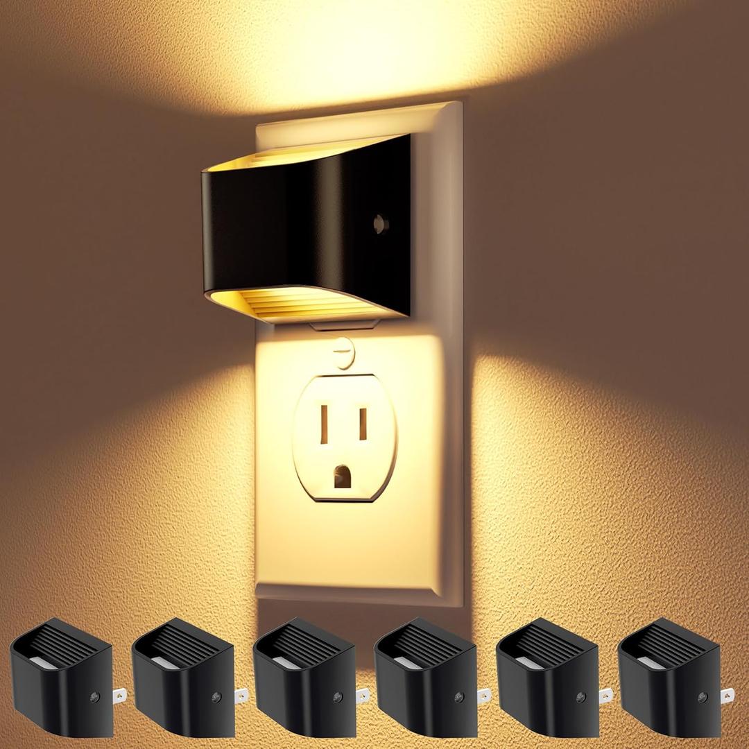 VOLISUN Night Lights Plug into Wall, 6 Pack Up and Down LED Night Light with Dusk to Dawn Light Sensor, 3000K Warm White Nightlight for Hallway, Bedroom, Bathroom, Kitchen Black
