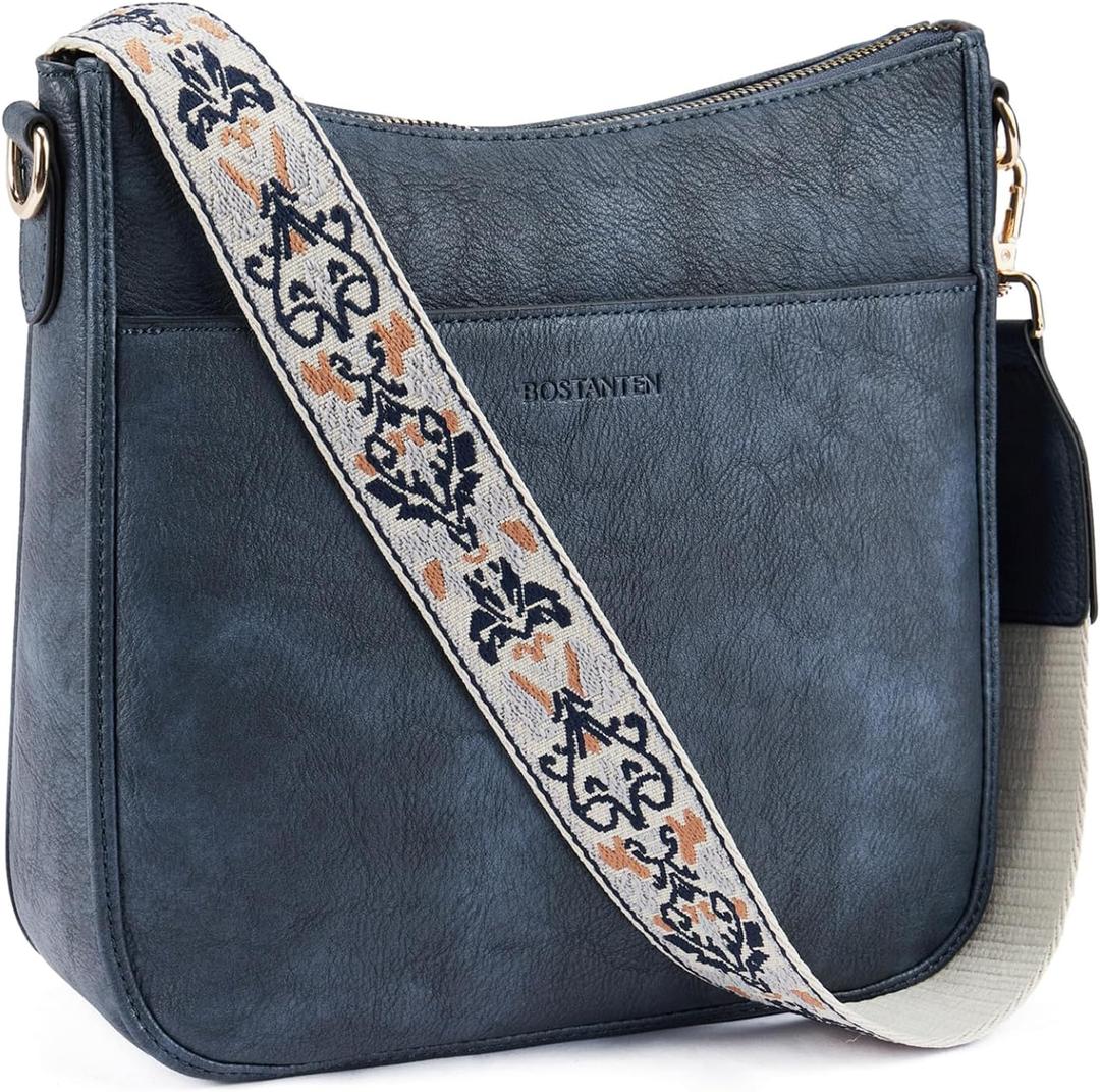 BOSTANTEN Crossbody Bags for Women Trendy Vegan Leather Hobo Purses Shoulder Handbags Wide Shoulder Strap