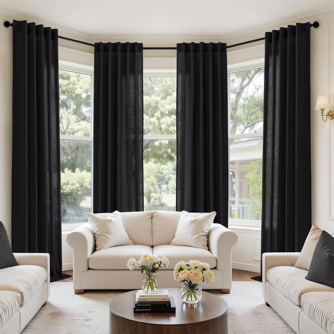 MIULEE Black Linen Curtains 90 Inch Long 4 Panels Light Filtering Window Drapes with Rod Pocket Back Tab for Living Room Bedroom Farmhouse Decor 42" W x 90" L Inches