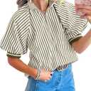 Womens Striped Half Zip Shirts Short Puff Sleeve Loose Color Block Knit Collared Blouse XL
