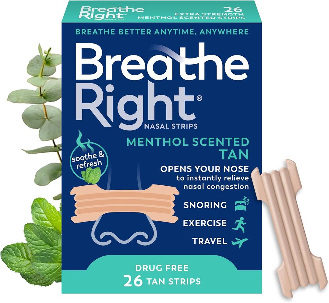 Breathe Right Extra Strength, Nasal Strips, Menthol Scent, Drug Free Nasal Congestion Relief for Better Breathing, Help Relieve Snoring, 26ct