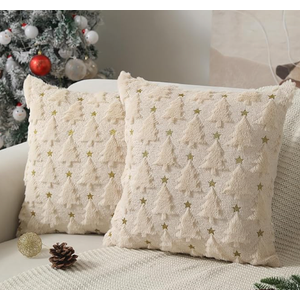 Allorry Christmas Pillow Covers 18 x 18 inch Set of 2 Beige Christmas Tree Pillow Covers Decorations Plush Faux Fur Soft Cushion Case for Winter Xmas Holiday Home Bedroom Sofa