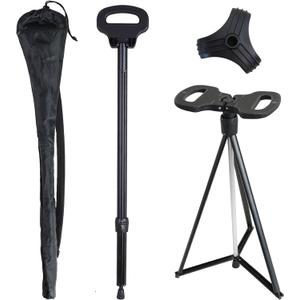 Cane with Seat 2-in-1 Portable Walking Stick with Seat for Men & Women Folding Lightweight Sturdy Tripod Cane Foldable Stool Mobility Aid Crutch Chair with Travel Bag for Elderly, Seniors & Handicap (New Dark Black)