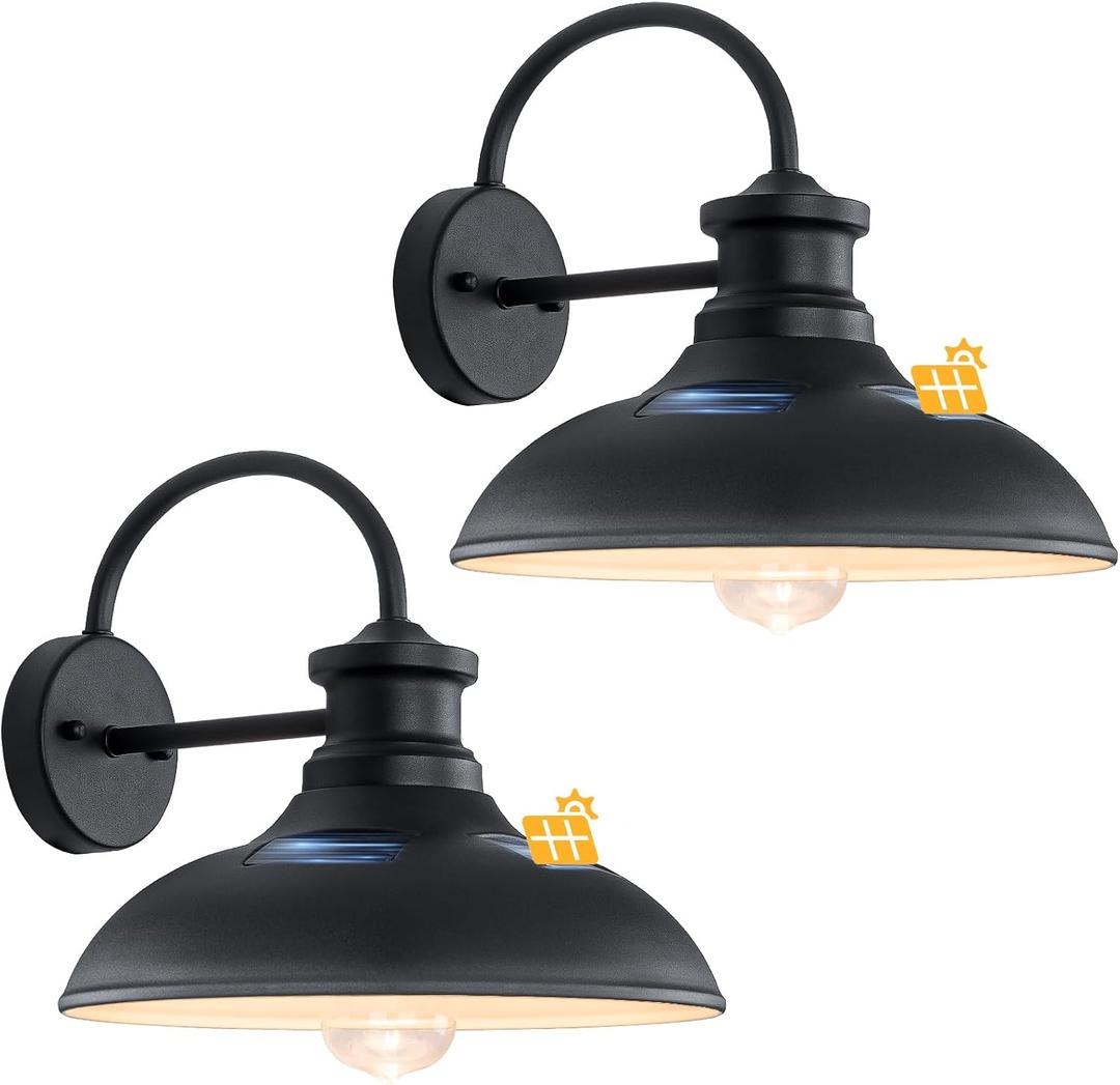 Solar Barn Lights for Outside, Dusk to Dawn Farmhouse Gooseneck Barn Light, 12" Large Black Porch Light Fixture Wall Mount, Waterproof Outside Wall Lights Solar Powered for Porch Garage Patio, 2-Pack