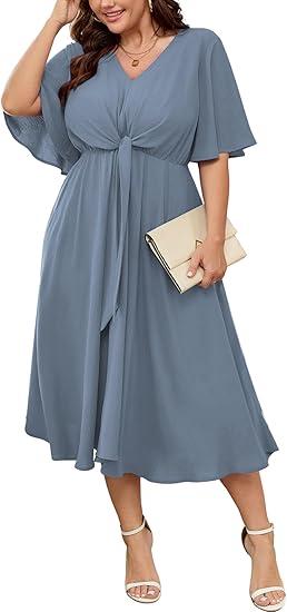 SCOMCHIC Women Plus Size Midi Dresses Wedding Guest Short Sleeve V Neck Tie Waist Casual Summer Flowy A Line Dress (Grayish Blue, XXXL)