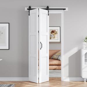 FREDBECK 42X84(Double 21x84) Bifold Door Bi-fold Barn Doors White Double with 46" Hardware Track Kit Included,Solid MDF with Water-Proof PVC Surface for Closet,Assembly Required