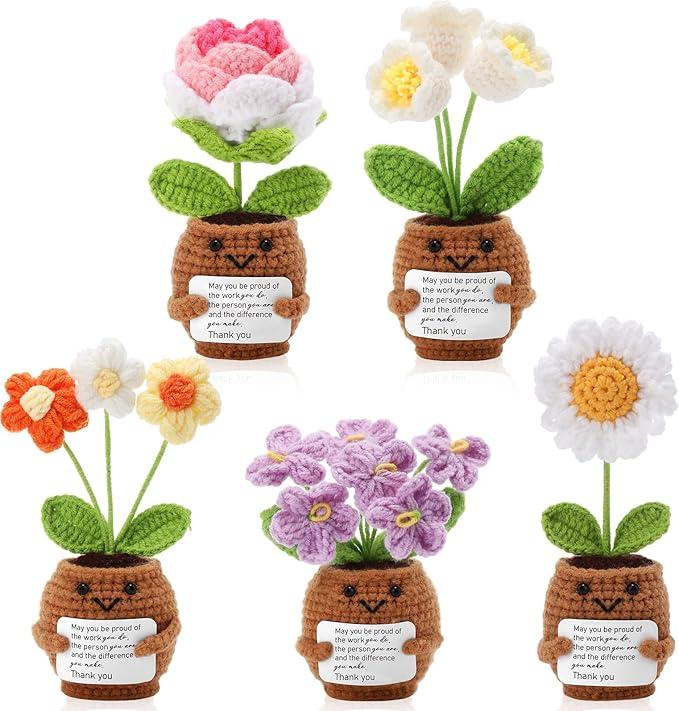 Geelin 6 Sets Positive Employee Appreciation Mini Crochet Flower Potted Doll with Card Emotional Rose Daisy Crochet Support Thank You Plants May You Positive Gift for Women Coworker Employee Teacher