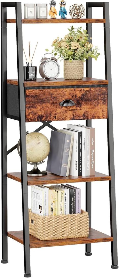 Furologee 4 Tier Ladder Shelf, Narrow Ladder Bookshelf with Drawer, Modern Freestanding Bookcase, Storage Shelves Organizer for Bathroom,Kitchen,Bedroom,Living Room,Rustic Brown (4-Tier, Rustic Brown)