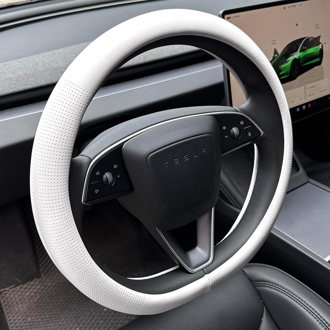 PINCTROT Nappa Leather Steering Wheel Cover for Tesla Model Y/3 Highland/Juniper, D Shaped 14 Inch Small Sized with Breathable Perforation, Fit Like Gloves, Flat Bottom 14 Inch(Nappa White)