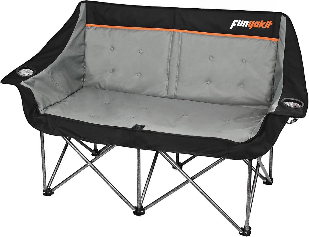 Heavy Duty Double Camping Chair 650LBS Capacity, Fully Padded Folding Camping Chairs Loveseat, Big Oversize Outdoor Patio Lawn Chair with Arm Cup Holder for Camping, Fishing, Beach