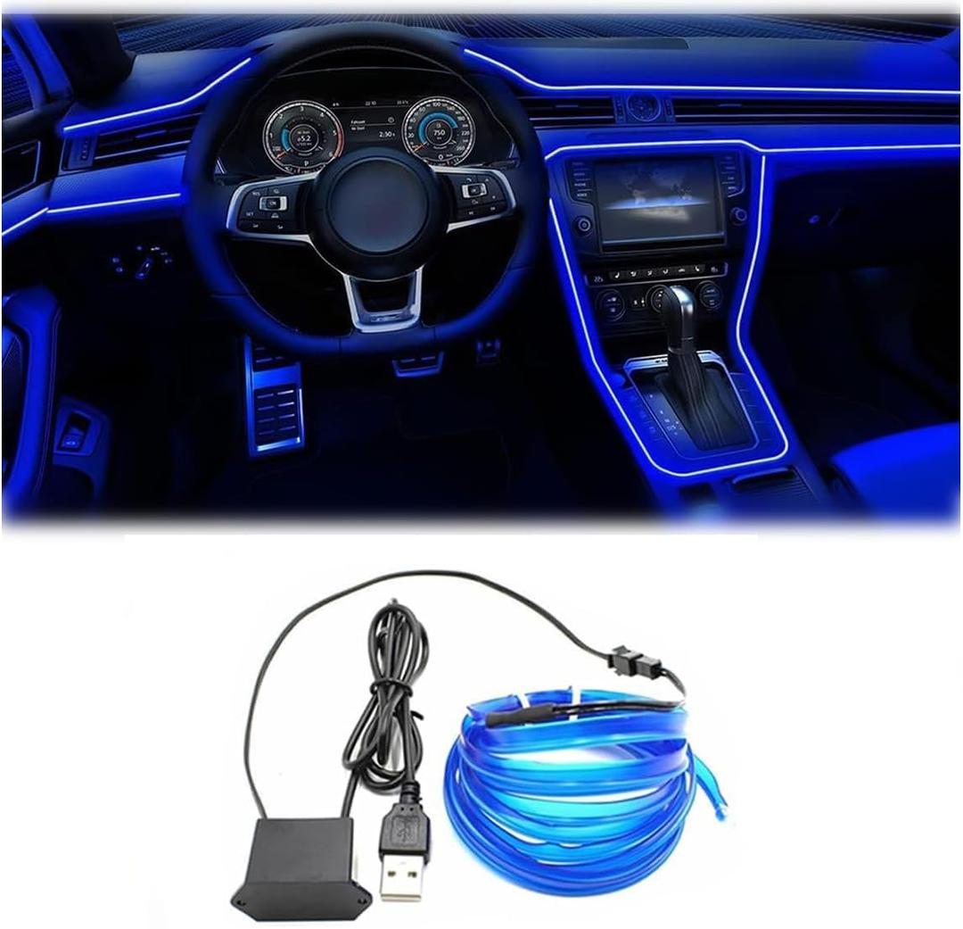 EL Wire Interior Car LED Strip Lights, 16.5FT USB Neon Glowing Strobing El Wire Strip with 6mm Sewing Edge, Ambient Lighting Kits for Car Inside Decorations (Blue)
