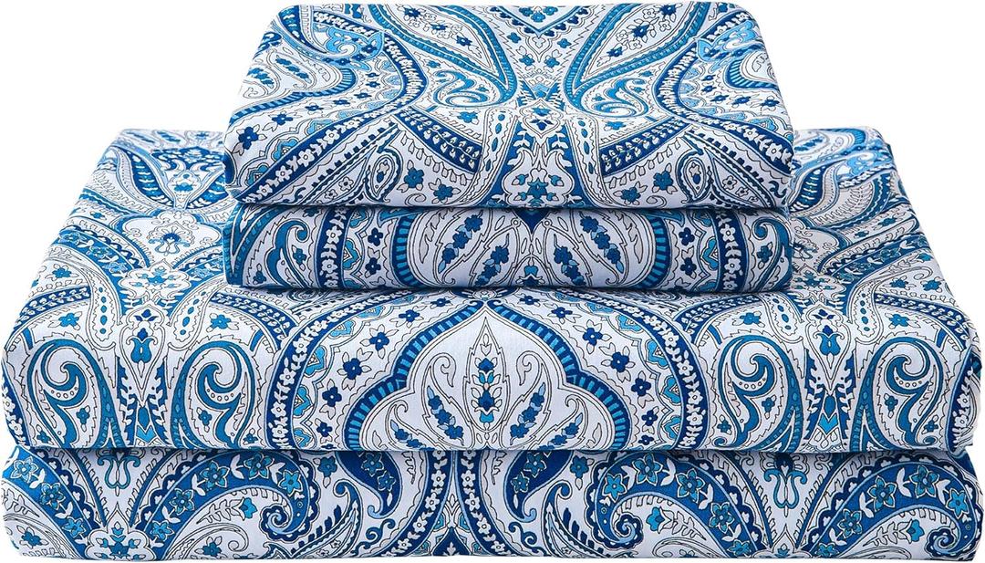 Softan Blue Twin Size Sheet Set, Paisley Printed Bed Sheets for Single Bed, 3-Piece Microfiber Fitted Sheet with 15" Deep Pocket & Non-Slip Straps, Patterned Bedding Sheets & Pillowcase Set