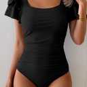 Eomenie Women's Tummy Control One Piece Swimsuit Ruffle Square Neck Bathing Suit Ruched Cutout Back Slimming Swimwear (Black, XL)