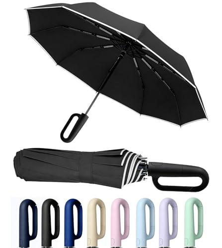 SIEPASA Travel Umbrella with Carabiner Handle - Windproof 10 Ribs Auto Open/Close for Rain & Sun Protection, Compact Portable Clip-on Backpack Design with Safety Reflective Strip.(Black)