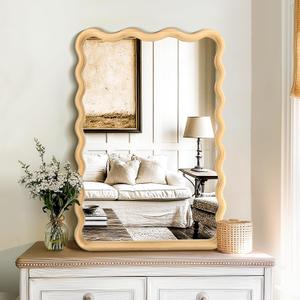 Bathroom Mirror for Wall, 20"x30" Boho Wavy Wood Mirror Large Full Length Decorative Mirror with Tempered Glass, Natural Wooden Frame Vanity Mirror for Bedroom, Living Room, Entryway, Natural 