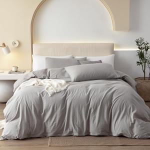 JIYUAN Queen Size Duvet Cover Set, 3-Piece - 100% Washed Cotton, Linen-Like Soft & Breathable with Zipper Closure, Includes 90x90 Inch Cover & 2 Pillowcases, Heathered Pastel Grey