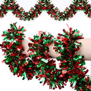 50 Feet Christmas Tinsel Garland for Christmas Tree Decorations, Red Green Metallic Twist Shiny Hanging Xmas Garlands for Stairs Mantle Fireplace Home Indoor Outdoor Holiday Party Suppliers Decor