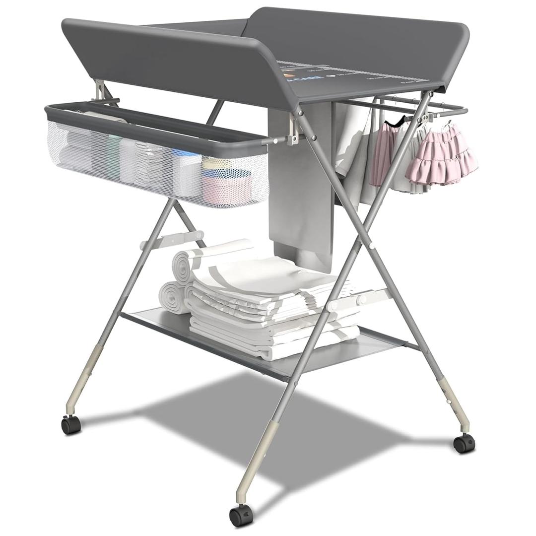 Portable Changing Table for Baby, Foldable Baby Changing Table with Storage, Diaper Changing Station for Nursery, Small Infant Changing Station with Wheels & 3-Level Adjustable Height