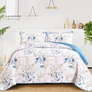Anibedding Botanical Quilt Set Full, 3 Pieces Reversible Elegant Blue Leaves Pattern Bedspread Coverlet Soft Microfiber Bed Cover for All Season(90"×78")