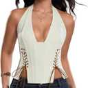 MakeMeChic Women's Corset Halter Tops Y2K Going Out Lace Up Tops Gothic Cowgirl Crop Tops (Teal, M)