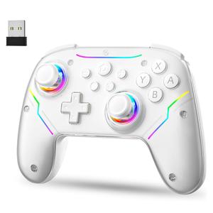 JDDWIN Wireless Controller for Switch 2/Switch/PC/Steam Deck, Hall Effect Joysticks & Triggers/Wake-up Function, Gamepad with RGB Light /Turbo/Programmable/ Dual Vibration Bluetooth USB Adapter for PC (White)