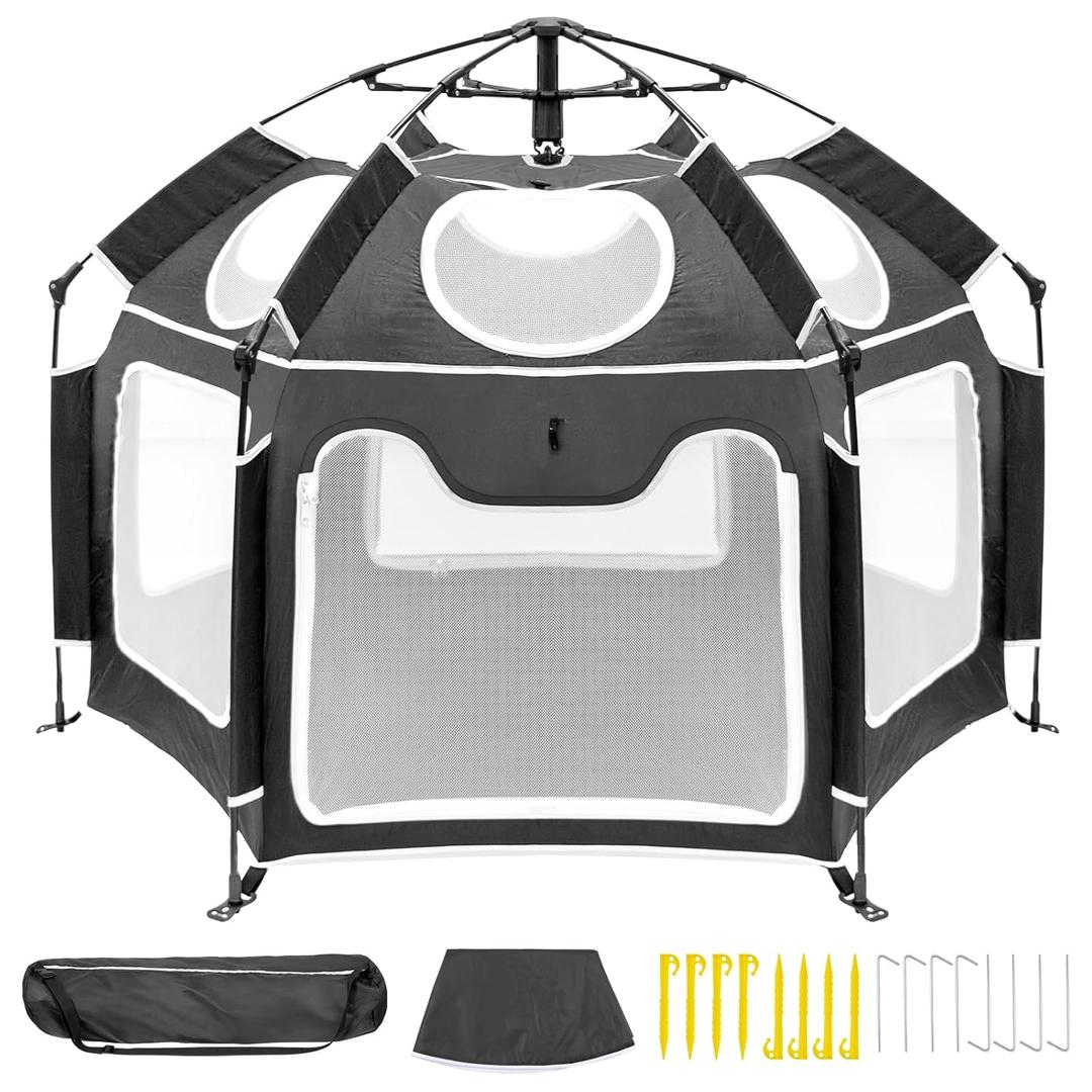 Baby Playpen with UV Canopy, Portable 1-Click Set Up Baby Tent, Toddler Play Yard for Indoor, Outdoor, Foldable Playpen for Beach, Camping, Home, Lightweight Versatile Toddler Tent, with Travel Bag (Black)