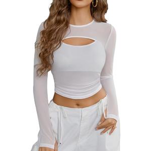 Avidlove Women's Sheer Mesh Long Sleeve Crop Top y2k Sexy Tee Blouse Cutout Clubwear with Thumb Holes Size S