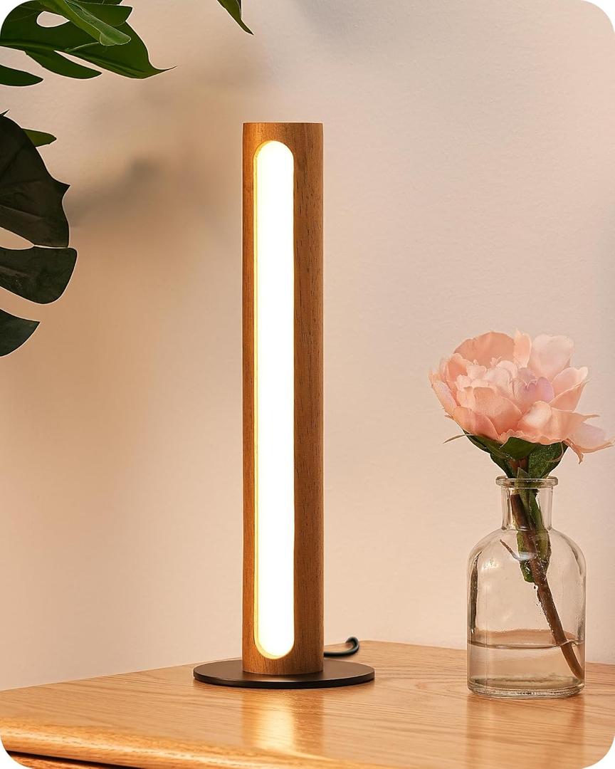 EDISHINE LED Table Lamp, Small Bedside Lamp with 3 Color Temperature & Stepless Dimmable, Memory Function, One-Step Installation, Touch Control Wooden Nightstand Lamp for Living Room, Bedroom (Cylindrical, Dark)