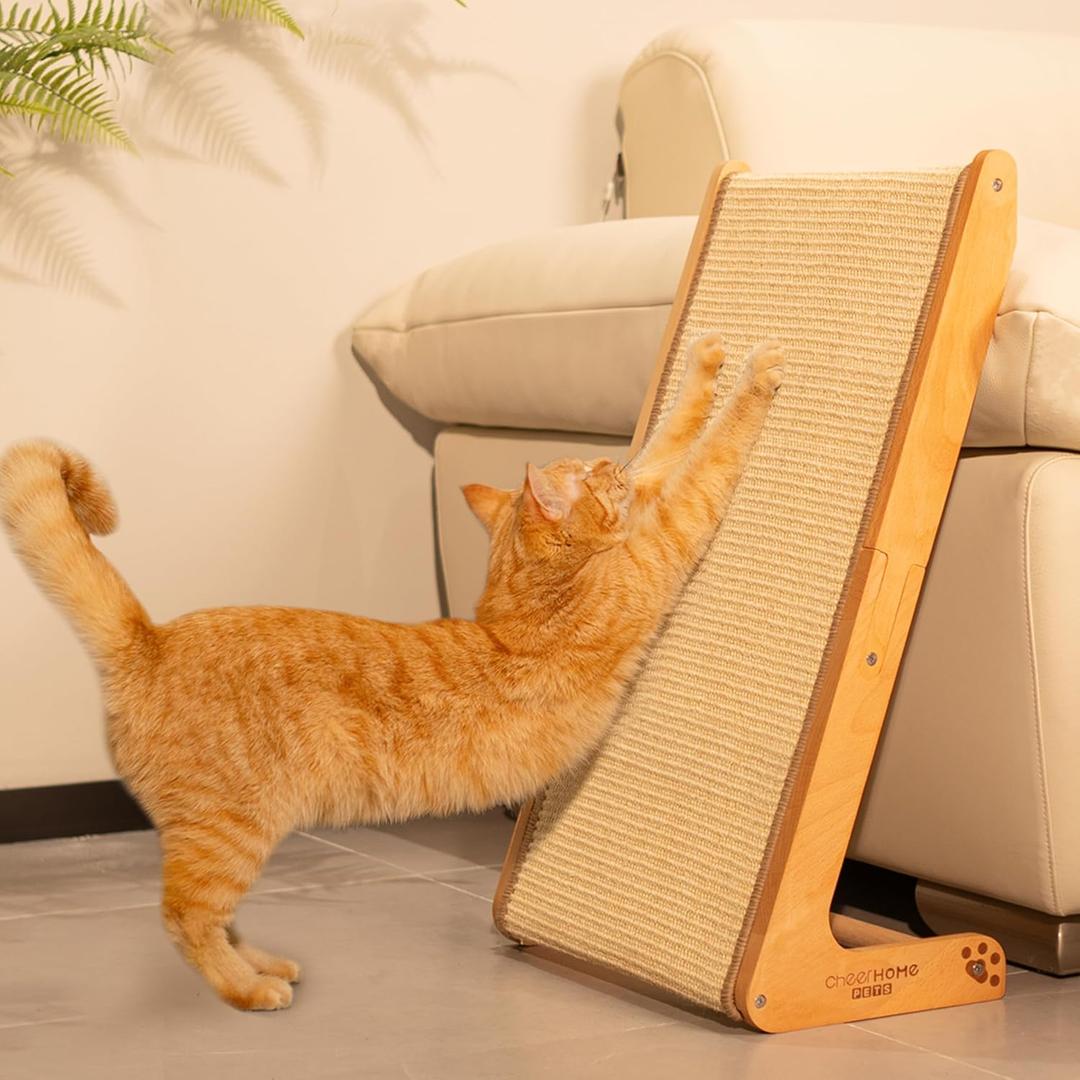CHEERHOME PETS Sisal Cat Scratcher Ramp for Indoor Cats, 24.8" L Shape Scratching Post Climbing Vertical Cat Scratch Pad, Solid Wooden Cat Furniture (Medium)