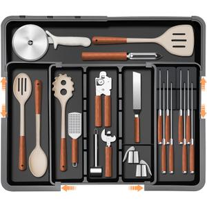 Homecor Utensil Drawer Organizer, Large Expandable Silverware Organizer for Kitchen Drawer, Cooking Utensils Tray Cutlery Flatware Holder with Removable Knife Blocks, Kitchen Gadgets Storage, Black