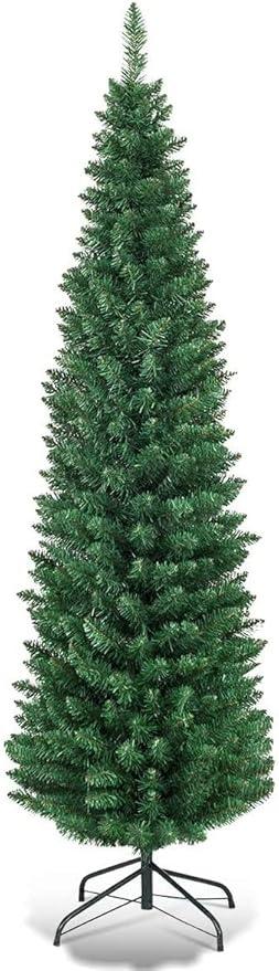 HAPPYGRILL 5FT Pencil Christmas Tree Slim Xmas Tree Unlit Skinny Artificial Christmas Tree with Foldable Metal Stand PVC Material Leaves