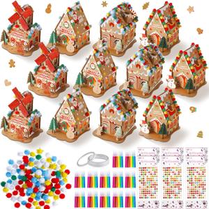 Poen 12 Set Christmas Gingerbread House Craft Kit Bulk Prebuilt Mini Gingerbread House with Pom Poms Markers Sticker Tapes Fun DIY Cardboard Christmas Craft for Holiday Party Decoration(Stylish Style)