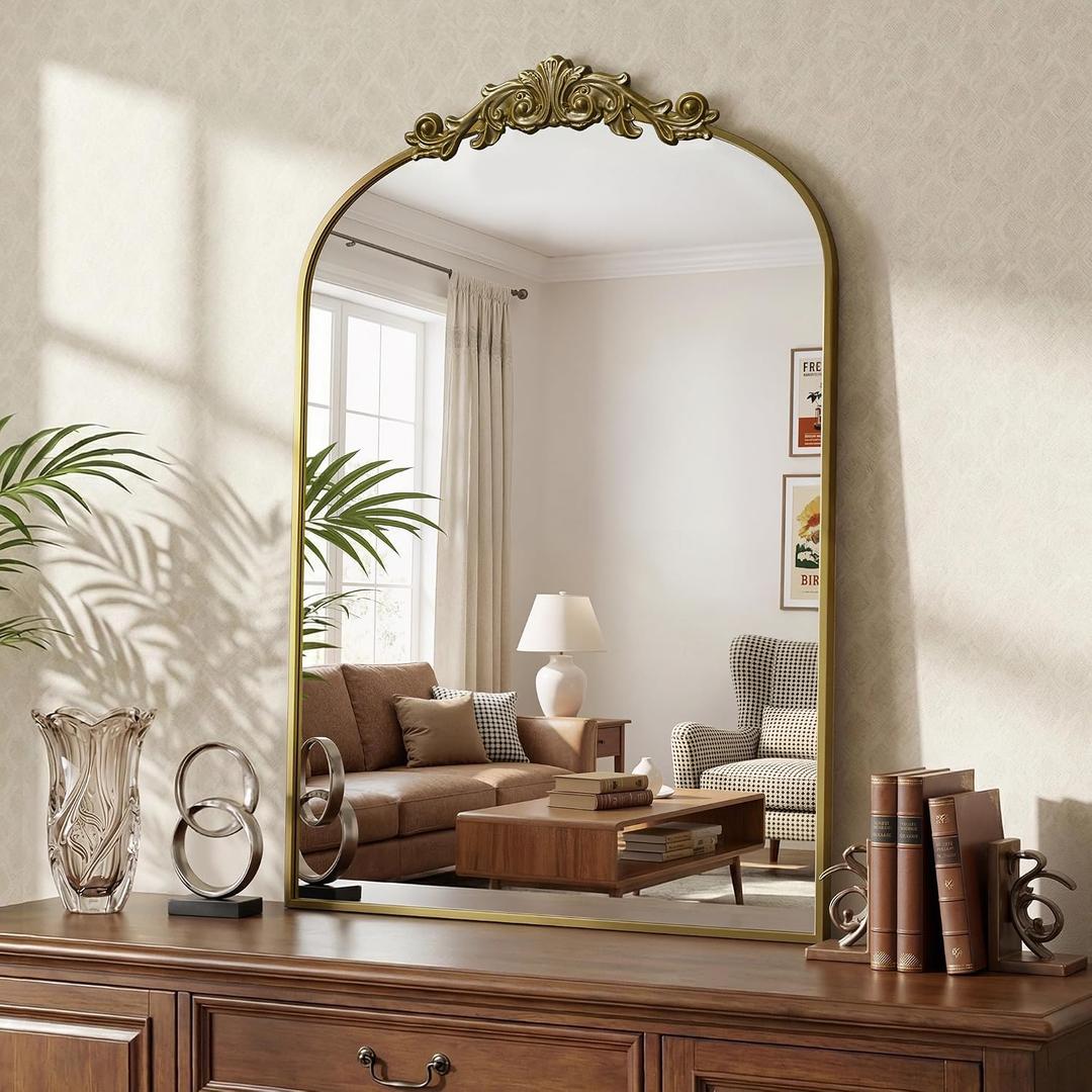 Arched Wall Mirror, 22" x 30" Vintage Carved Bathroom Mirror with Antique Bronze Aluminum Frame, Retro Decorative Wall Mirror for Bedroom, Living Room, Entryway, Fireplace & Hallway (Mounting Screws Not Included)