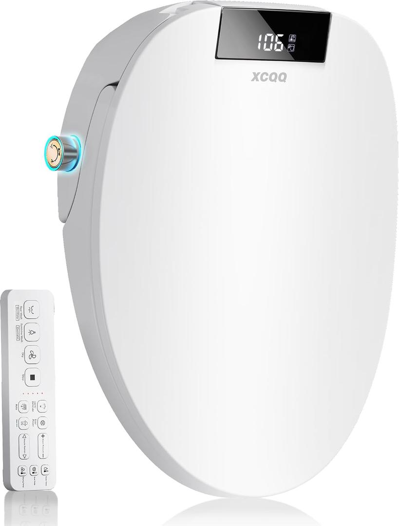 XCQQ Electric Bidet Toilet Seat with Remote, Heated Toilet Seat, Instant Warm Water, Warm Air Dryer, Rear & Feminine with Oscillating Cleansing, Night Light, Slow Close Lid, LED Display - Elongated