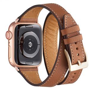 Bestig Bands Compatible with Apple Watch Band 40mm 41mm 38mm 42mm(Series 10 11) Women Men, Genuine Leather Double Tour Designed Slim Thin Strap for iWatch SE1/2/3 Ultra 3/2/1 Series 9 8 7 6 5 4 3 2 1 (A-Brown+RoseGold)