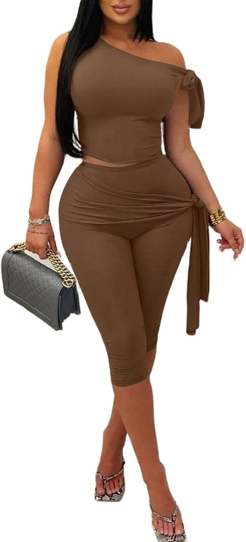 Vssjavun Women's 2 Piece Outfits Sexy Sleeveless One Shoulder Crop Tops Bodycon Capri Pants Sets (Large, Brown)