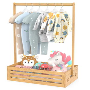 BAMBOOHOMIE Baby Clothing Rack for Toddler, Pets Clothes Rack with Storage Box & Adjustable Hanging Rod for Dogs/Cats, Baby Shower Clothes Closet Rack with Handle for Nursery Room (Natural, Baby)