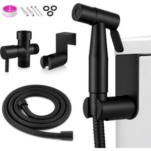 Handheld Toilet Bidet Sprayer, Water Pressure Adjustable Sprayer with Hose and 7/8 "T-Valve, Jet Spray and Soft Spray, for Toilet, Bidet, Shower etc., Stainless Steel, Black