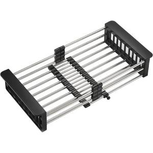 Kitchen Multi-Function Retractable Sink Dish Drying Rack, Stainless Steel Drainer for 10.7"-17" Sinks, Kitchen Countertop Organizer for Dishes, Vegetables, and Fruits (Black & Small)