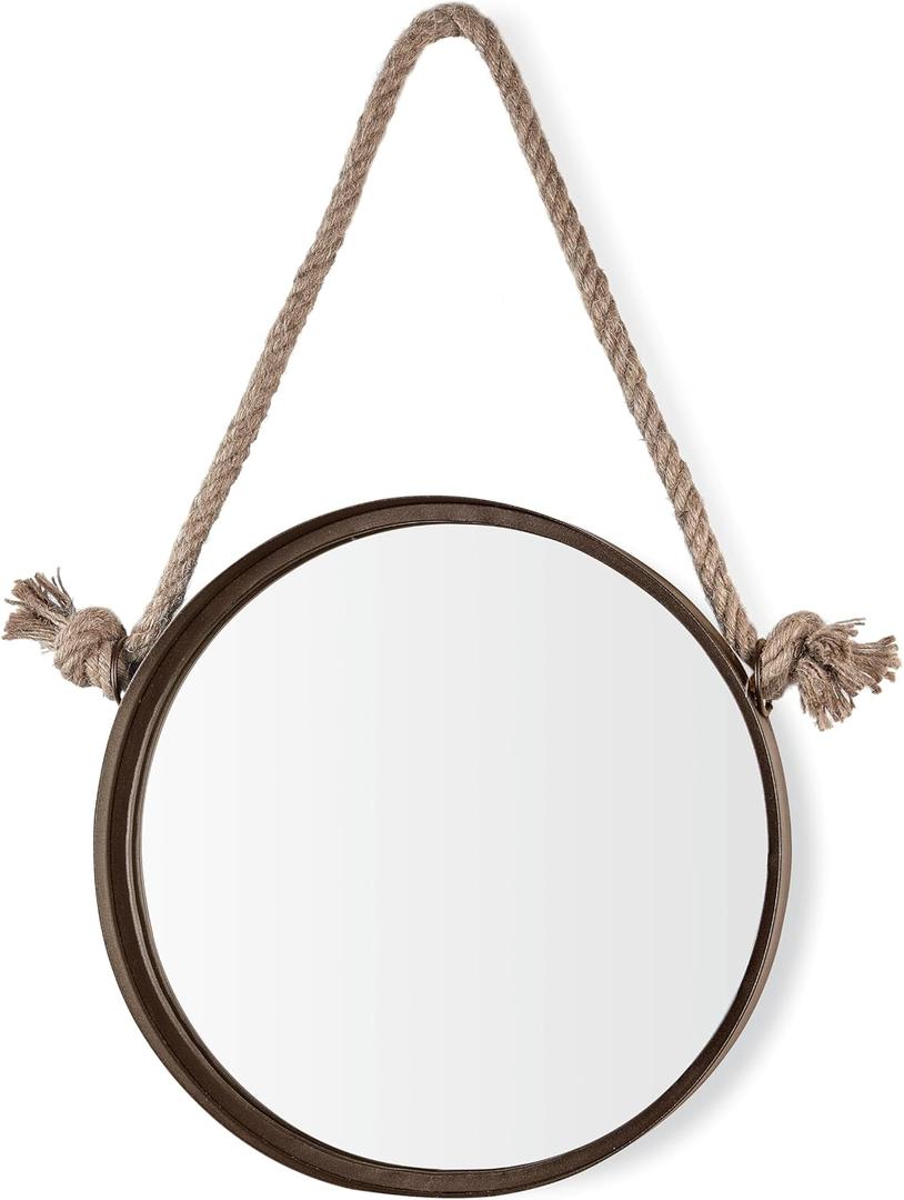 Danya B. SE2231 Rustic Wall Decor – Iron Framed Round Mirror with Hanging Rope - Metal 15-inch Accent Mirror – Dark Brown