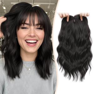 MARJORIE Hair Topper,14inch Hair Pieces for Women, Natural Looking Synthetic Wavy Wispy Clip in Bangs, 6.5x6.5 Base Full Coverage Fit Comfortabale, Perfect for Daily Using/Party (Black Brown)