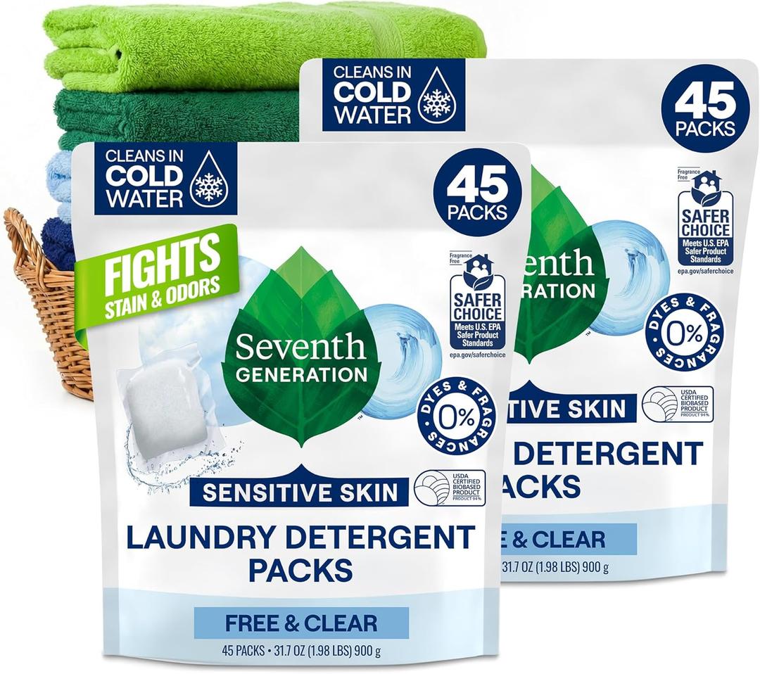 Seventh Generation Laundry Detergent Packs, Free & Clear, 90 Loads (2 pouches, 45 Ct EA)