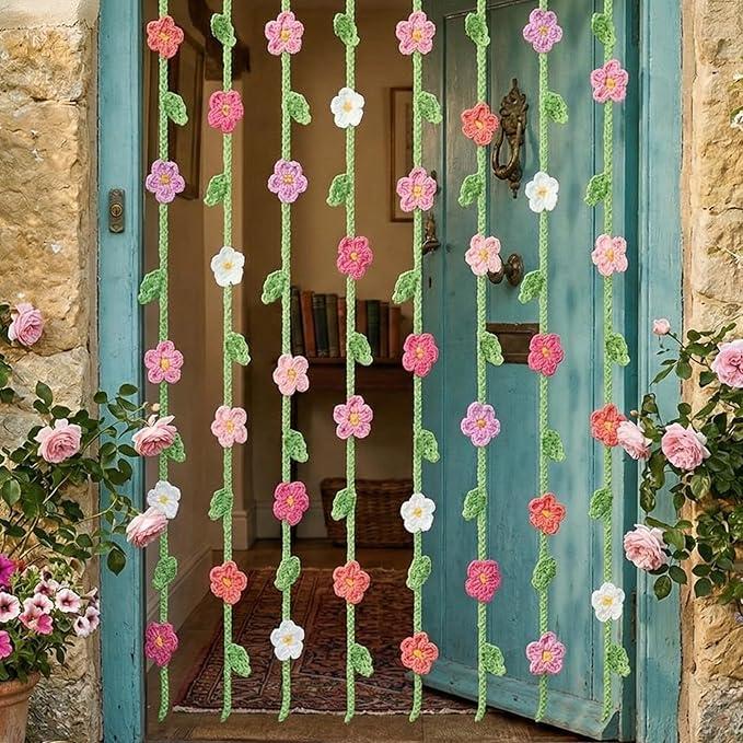 12 Pcs Handmade Crochet Flower Garland Decor Knitting Spring Floral Garland Hanging Ornaments Boho Door Curtains Decoration for Backdrop Wall Window Fireplace Bedroom Birthday Wedding Party