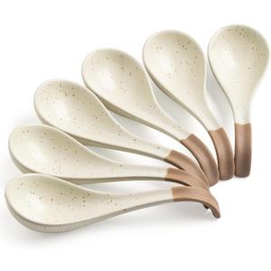 LYEOBOH 6 Pieces Asian Soup Spoons, Japanese Kitchen Soup Spoon Set, Dinner Tablespoons with Long Handle for Cereal, Ramen, Ice Cream, Dishwasher & Microwave Safe, Rustic Decor, White and Brown