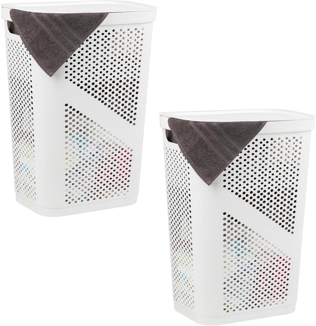 Mind Reader 60L Slim Laundry Hamper, Clothes Basket, Lid, Ventilated, Plastic, Set of 2, White, 2-pack