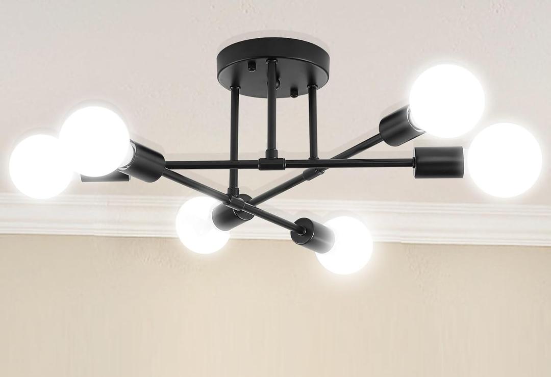 Modern Sputnik Chandelier, 6-Light Ceiling Light, Flush Mount Ceilihg Light Fixture for Bedroom, Dining Room, Kitchen, Office, Black (Black (no bulbs))