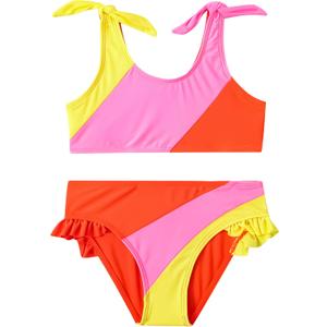 Toddler Girls Swimsuit Color Block Swimwear Kids Two Piece Bathing Suits Bowknot Beach Bikini Set, 7-8Y
