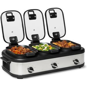 Amazon Basics Triple Slow Cooker with Ceramic Non-Stick Coating and Temperature Controls, 3 x 2.5 Quarts, Stainless Steel